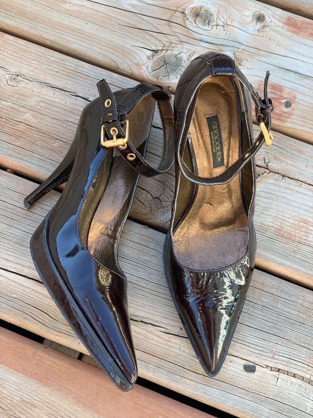 Vintage 90s Pointy Toe Pump 7.5 Eggplant Patent Leather Ankle Strap Platforms